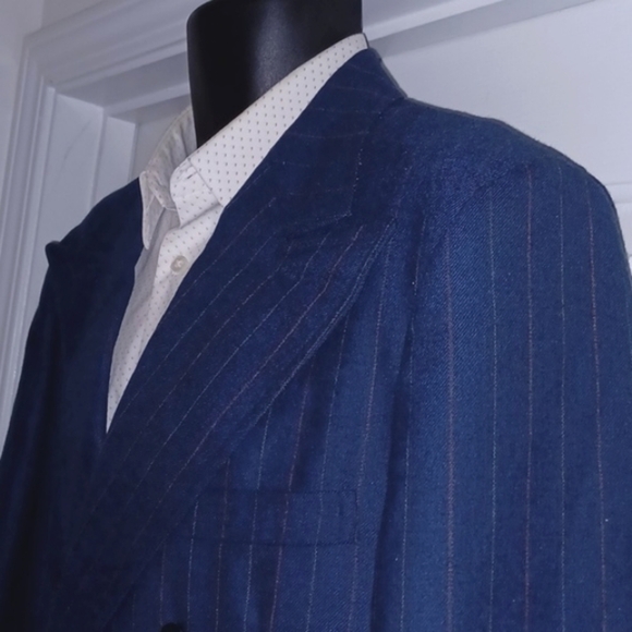 VTG Blue Pinstripe Double-Breasted Wool Blazer / Sportcoat, 42L - Picture 6 of 11